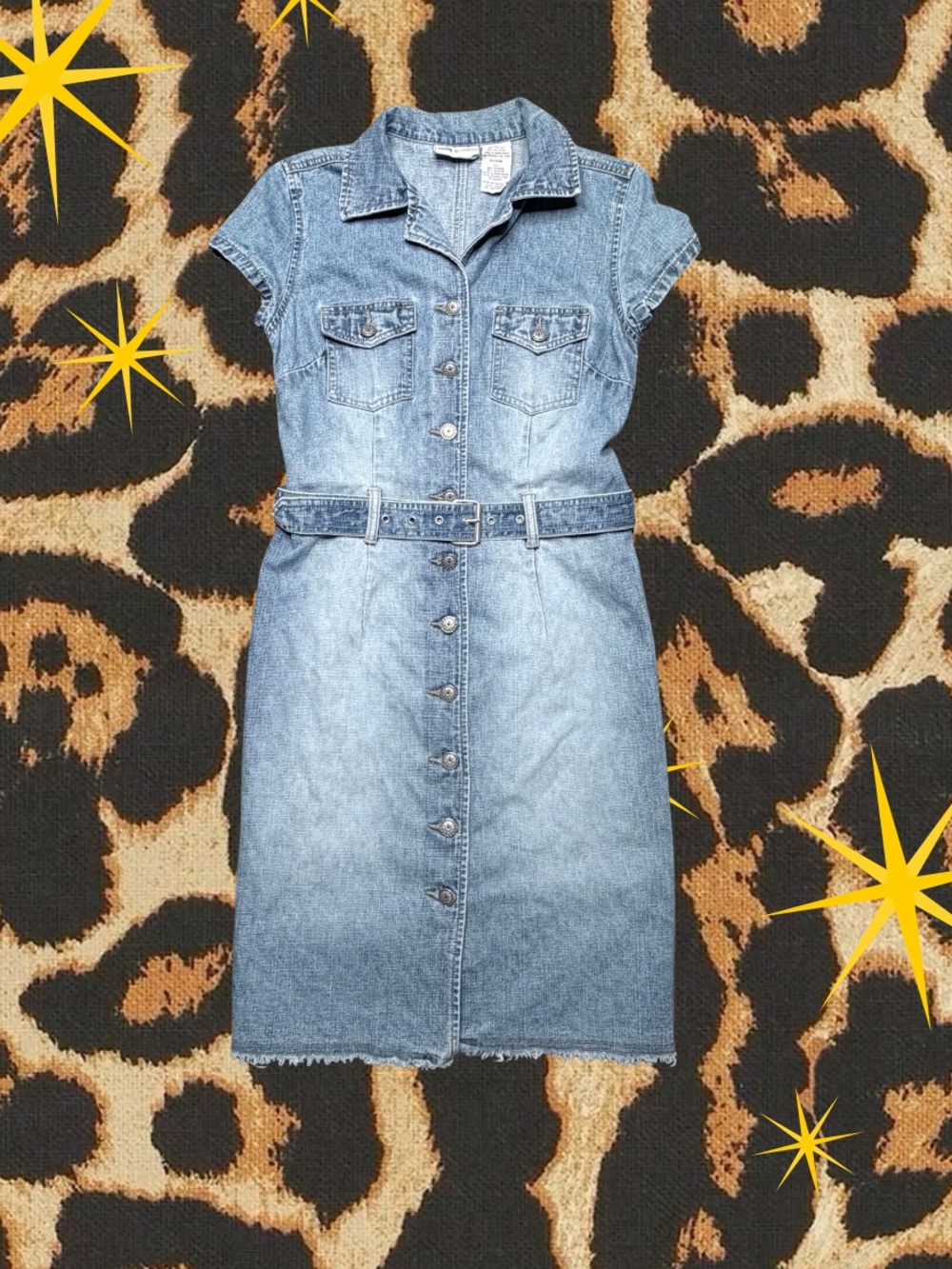 FADED GLORY | Vintage Y2K Missy Belted Denim Utility Shirt Dress Light Wash 3/4